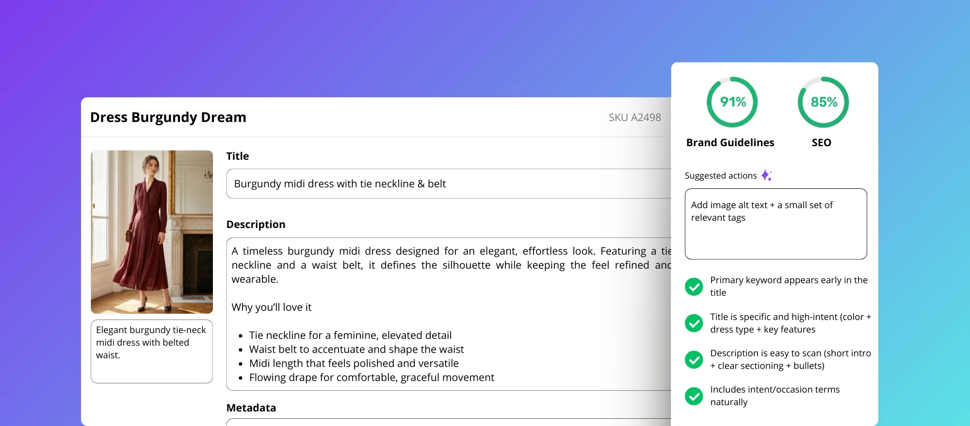 Dashboard preview showing bulk generation of product descriptions, SEO metadata, and AI-optimized images