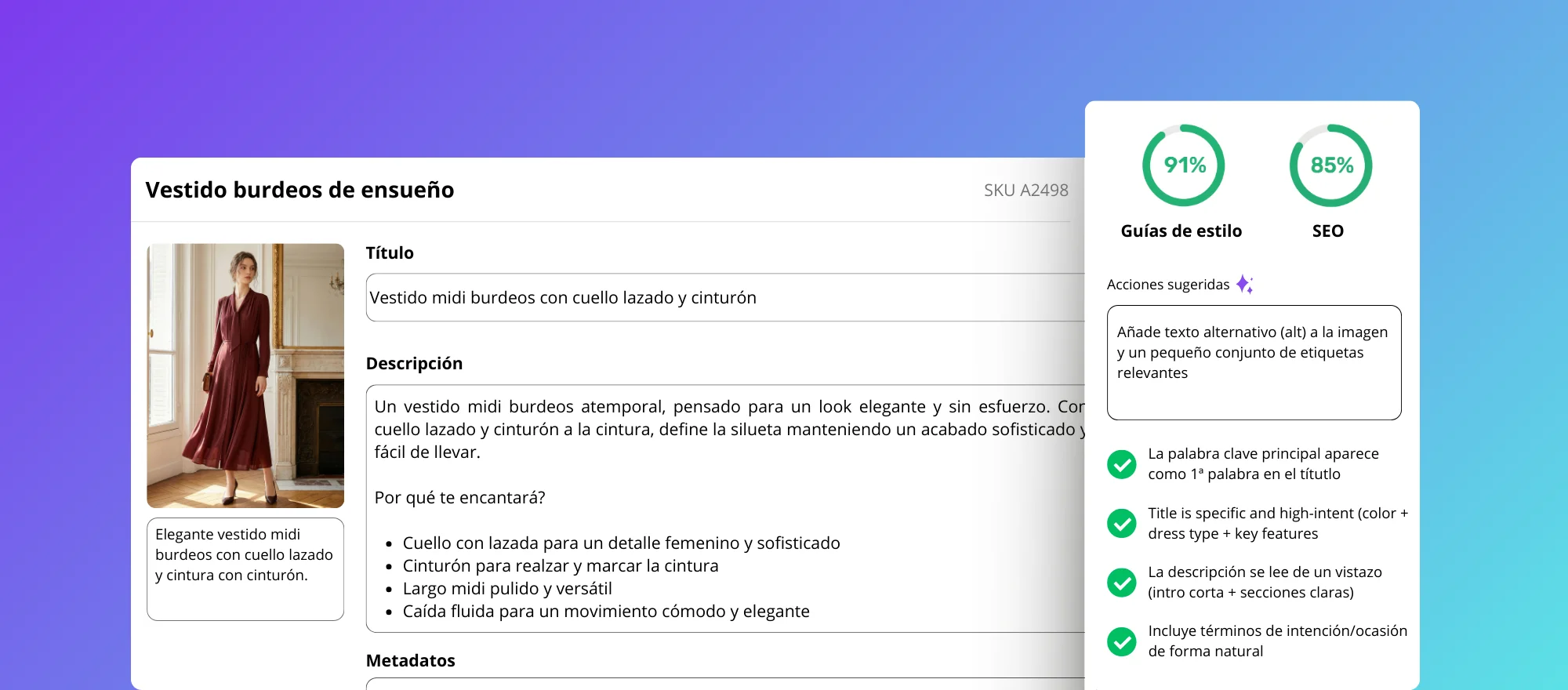 Vista previa del panel de control mostrando la generación masiva de descripciones de productos, metadatos SEO e imágenes optimizadas por IA