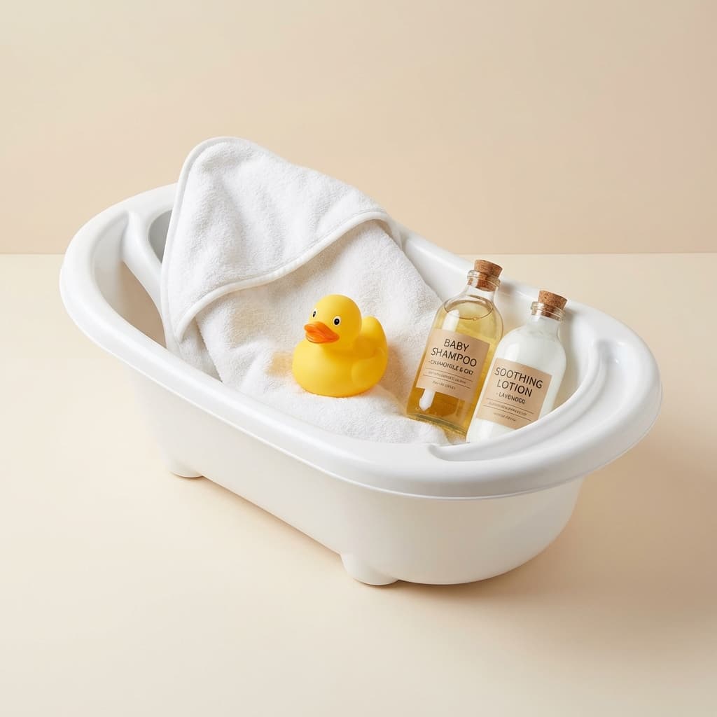 Baby bath essentials bundle with tub, towel, duck and toiletries. Realistic product set on neutral background.