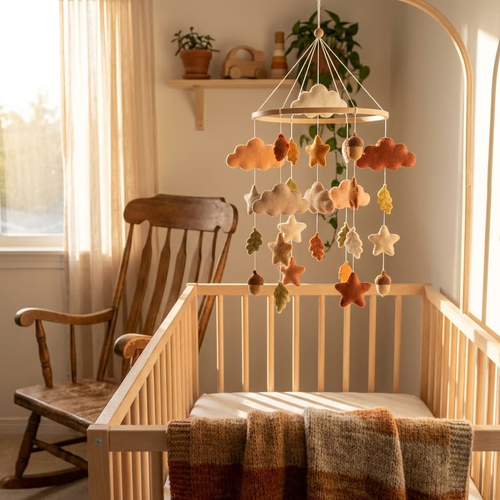 Baby crib mobile with seasonal autumn theme, felt clouds and stars in warm tones, hanging over crib in cozy nursery.