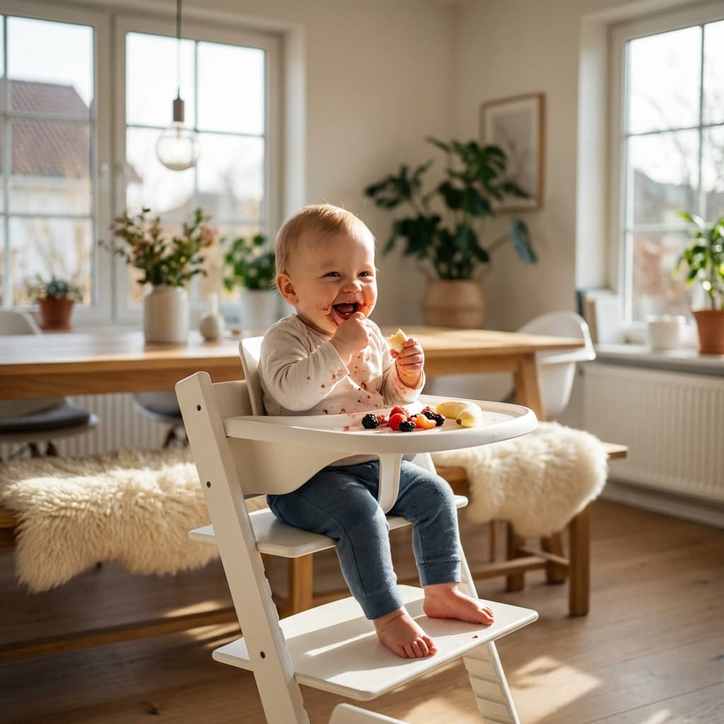 Modern baby high chair in a sunlit dining room with a happy baby eating fruit.