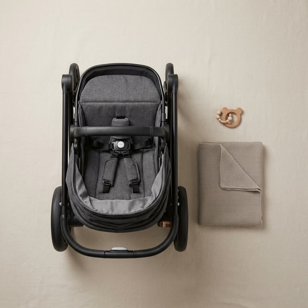 Photorealistic baby stroller flat lay, neutral background, minimal style for ecommerce.