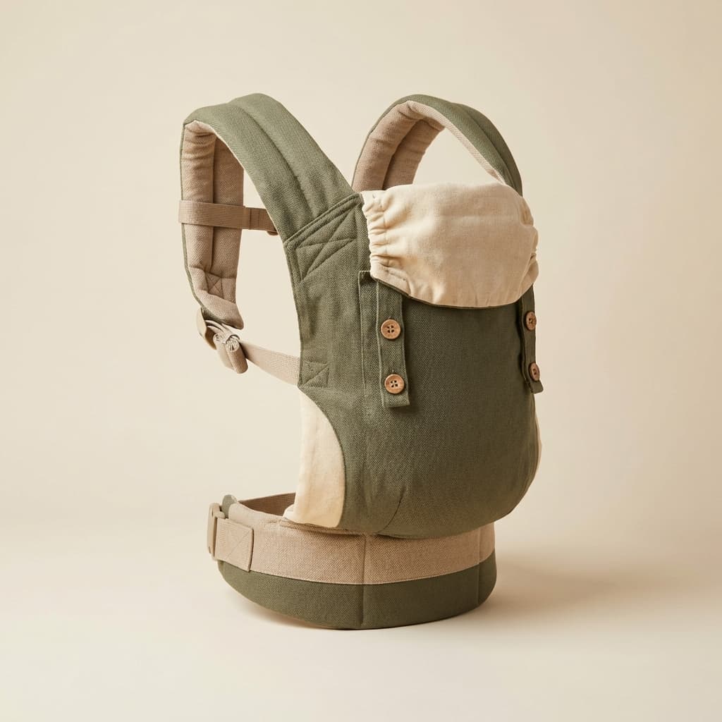 Earth tone eco baby carrier, neutral background, high quality product shot.
