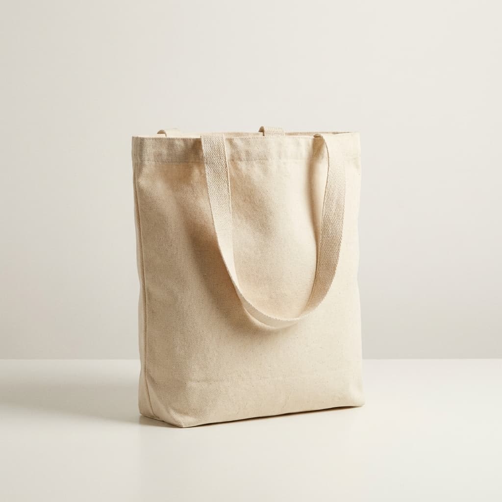 Beige canvas tote bag studio hero shot, soft lighting, neutral background, high quality ecommerce image.