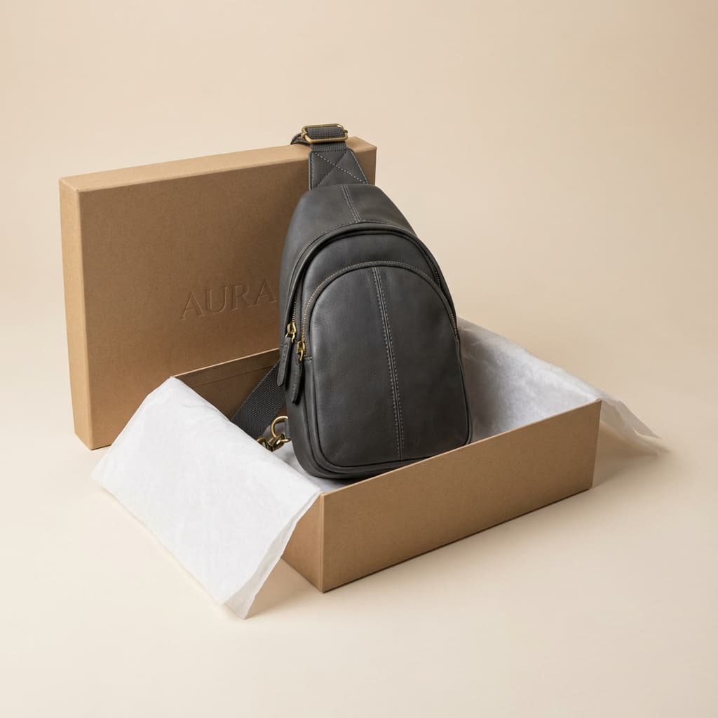 Unboxing view of a modern sling bag in premium packaging, photorealistic style.