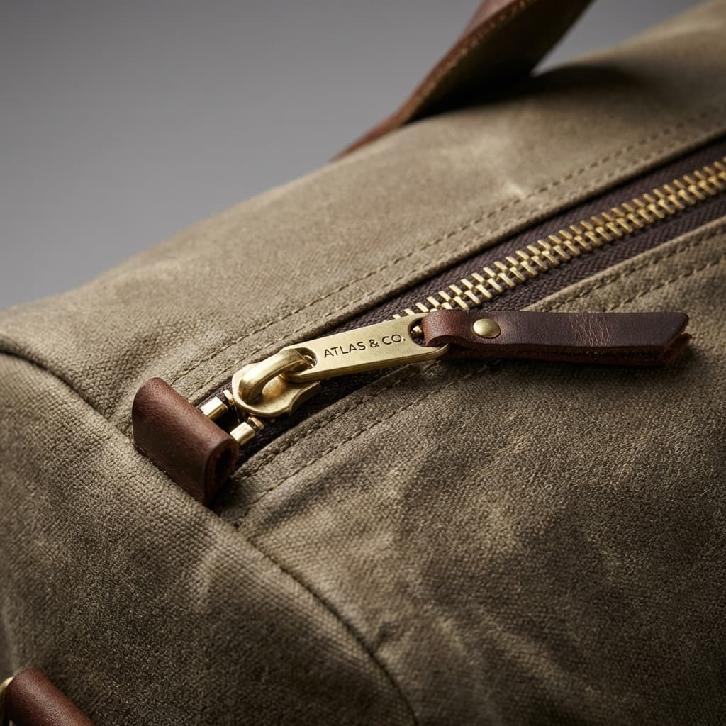 Macro close-up of travel duffel bag showing high-quality zipper and fabric texture.