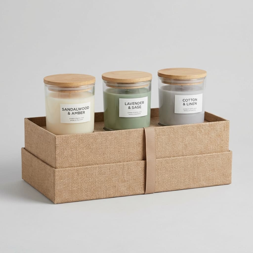 Photorealistic candle gift set bundle with glass jars and box for ecommerce.