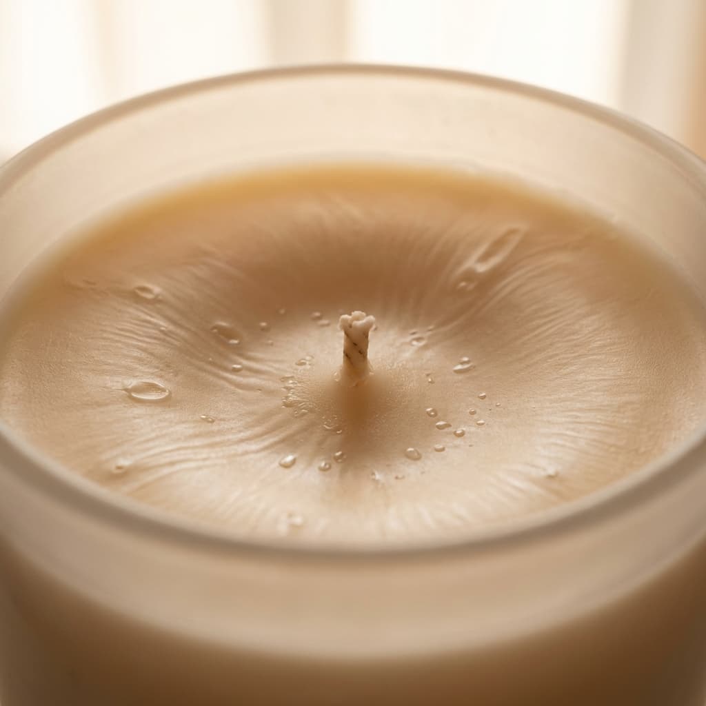 Macro close-up of smooth luxury candle wax texture, beige cream color, soft lighting.