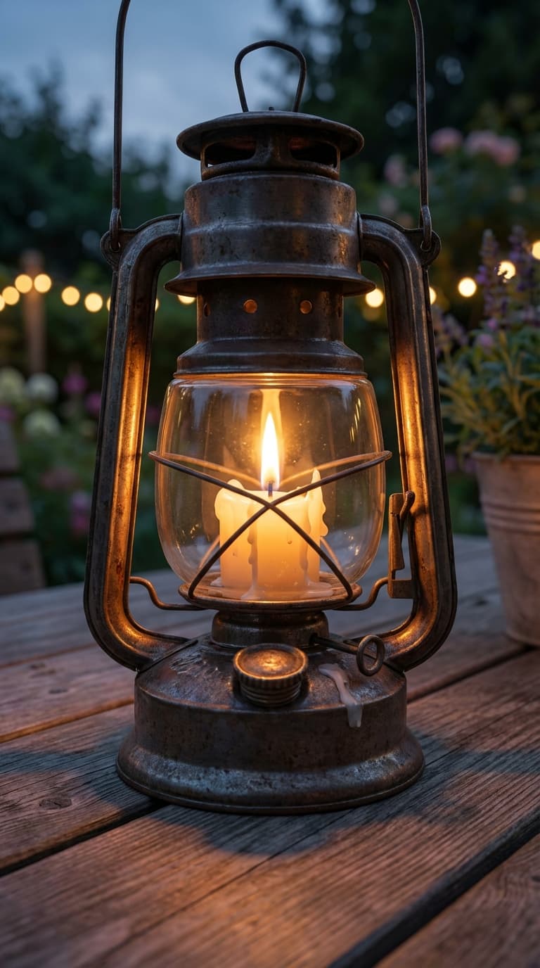 Lantern candle on wooden table at dusk, cozy lighting. High-quality lifestyle photography.