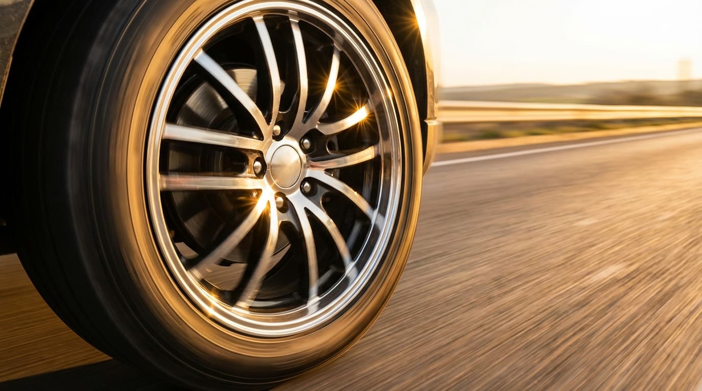 Close-up of alloy car wheel in motion on asphalt road, realistic automotive photography.