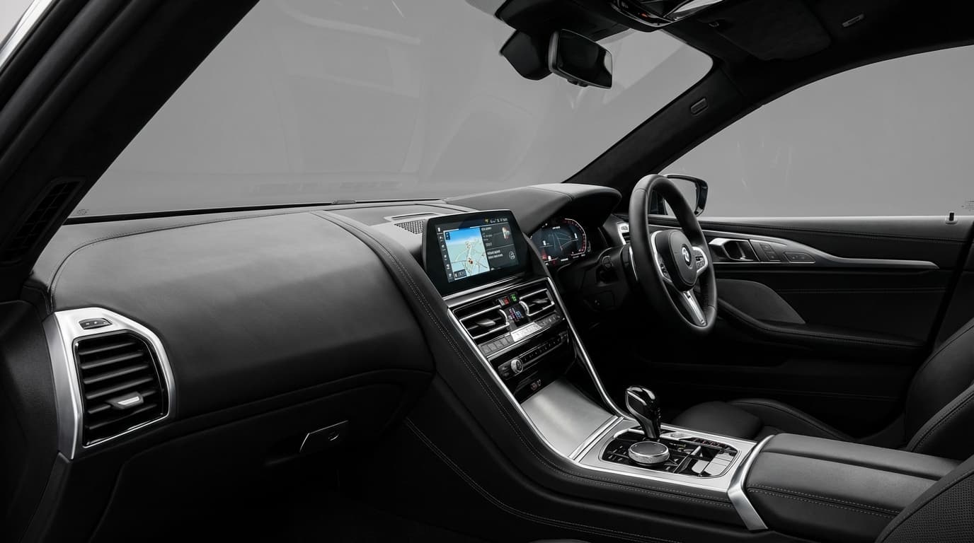 Modern luxury car dashboard interior studio shot with premium leather and digital display.