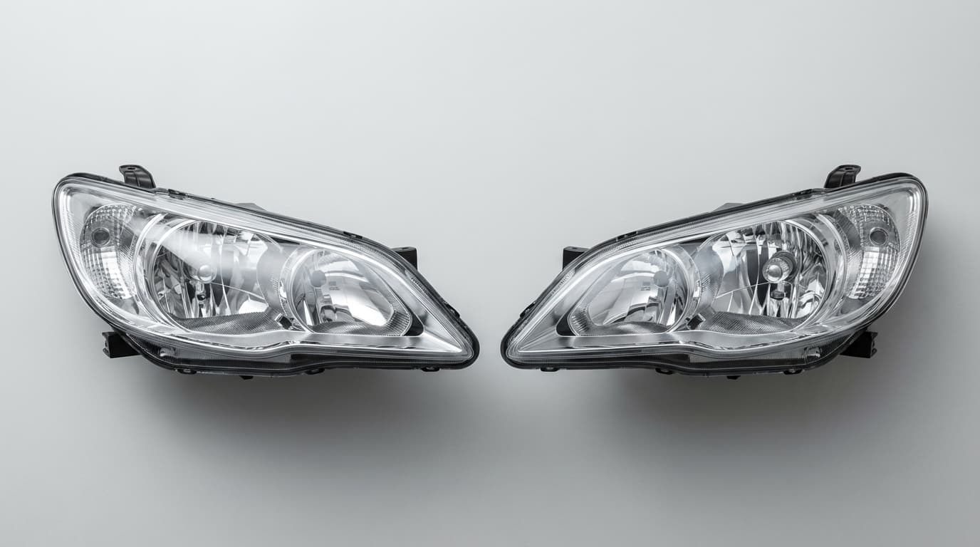 Pair of car front headlights in a minimal flat lay arrangement on a neutral background for ecommerce.