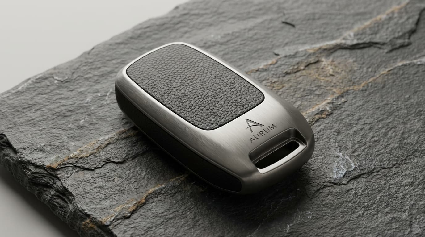 Luxury car key fob showing metal and leather textures in a materials mood setting with soft lighting.