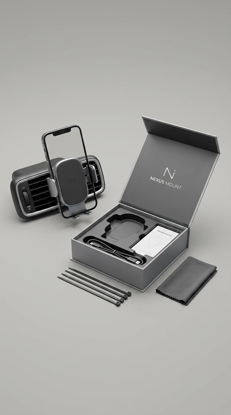 Photorealistic unboxing of car phone mount on vent with packaging.