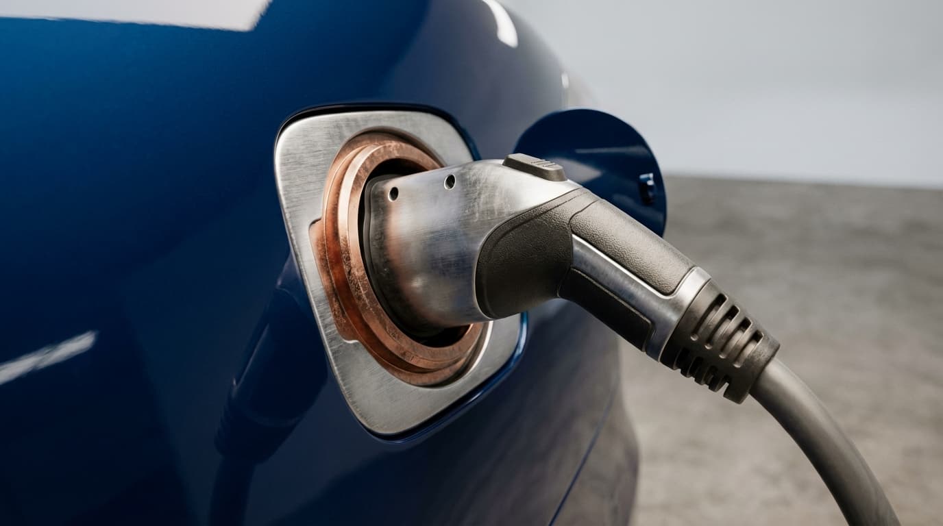 Macro close-up of EV charging cable plugged into a modern electric car port.