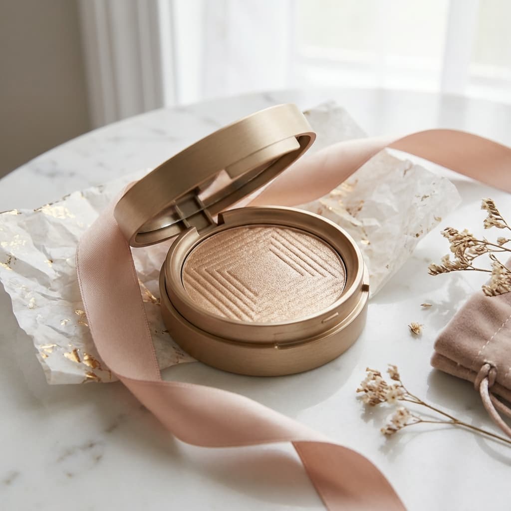 Luxurious powder highlighter compact unboxing with tissue paper and ribbon on a marble surface.