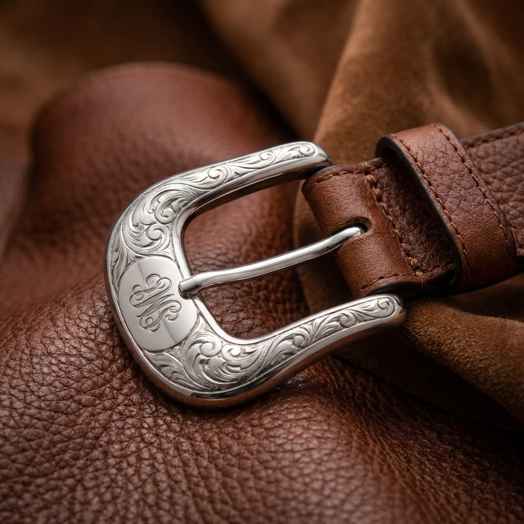 Macro close-up of silver belt buckle on brown leather texture for fashion ecommerce.