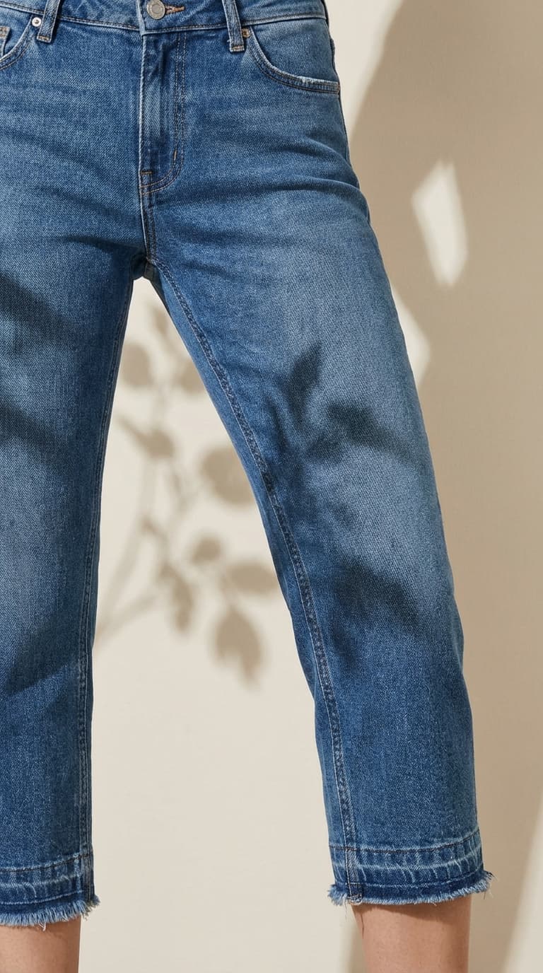 Cropped denim jeans featuring artistic shadow play on a neutral background.