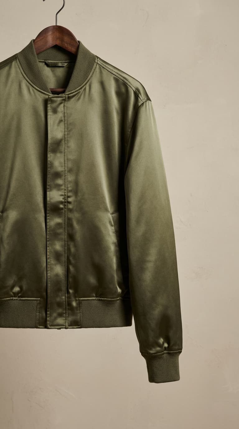 High-end satin bomber jacket on hanger, editorial fashion photography style.