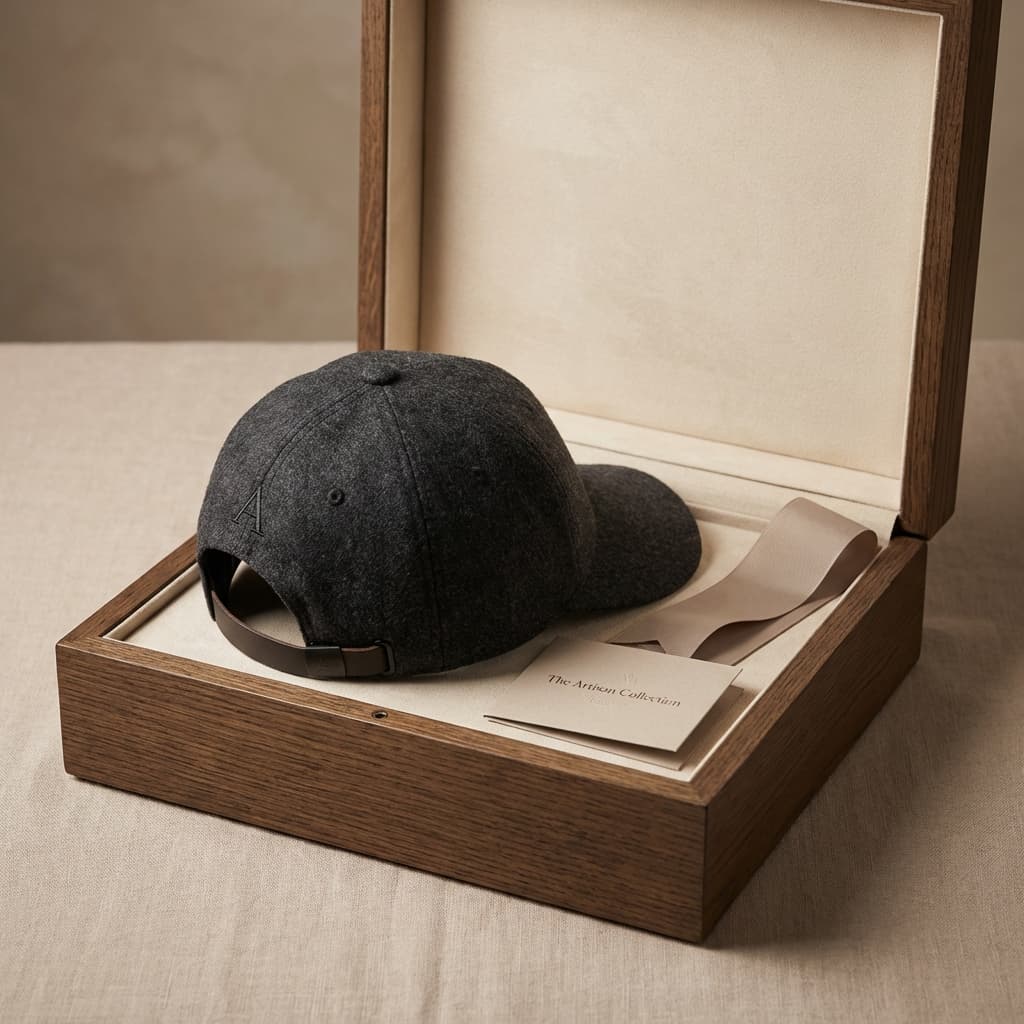 Elegant baseball cap in gift setting, high-quality fashion product photography for ecommerce.