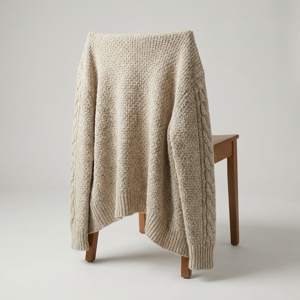 Photorealistic cardigan on chair with turntable lighting for fashion ecommerce.