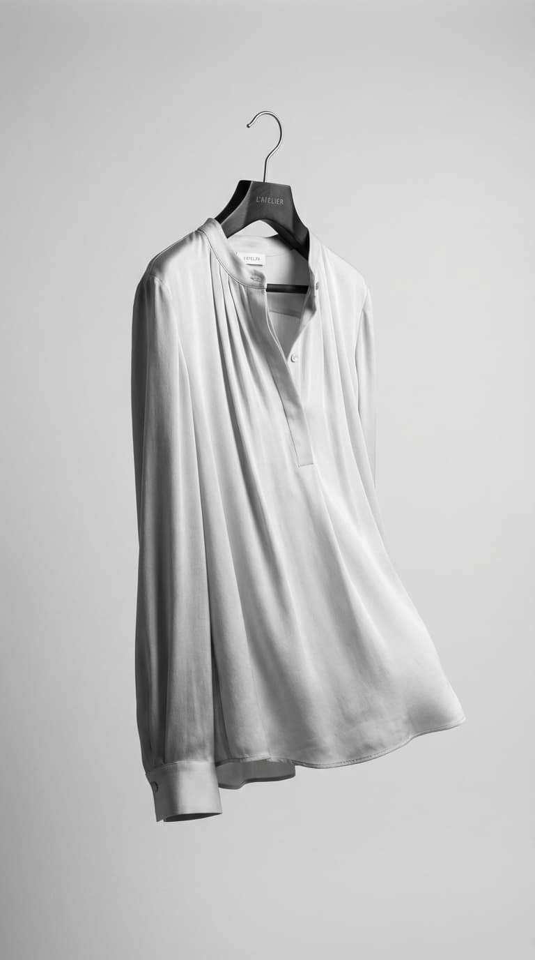 Monochrome silk blouse on hanger, photorealistic fashion ecommerce image, neutral background.