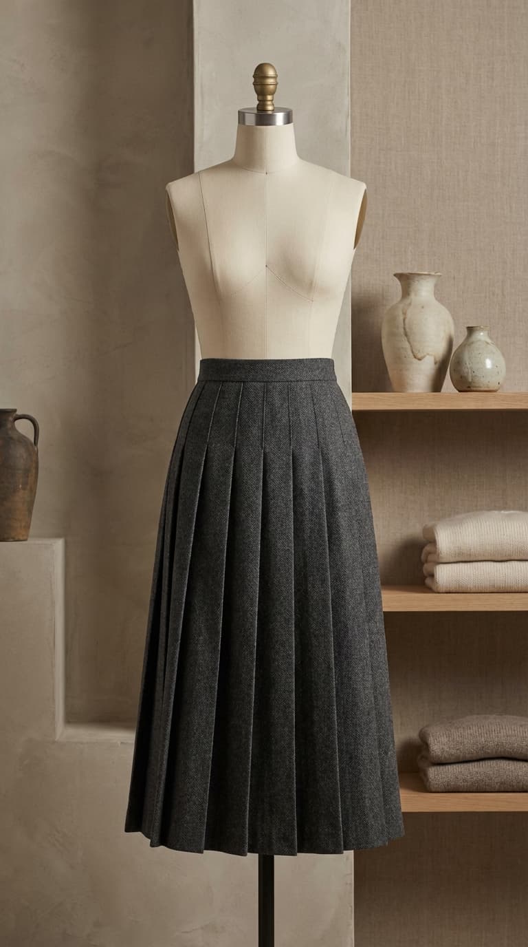 Detailed pleated skirt on a mannequin, fashion retail photography.