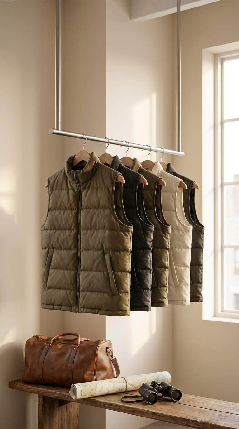 Puffer vest rack display with travel accessories, photorealistic ecommerce fashion image, neutral background.