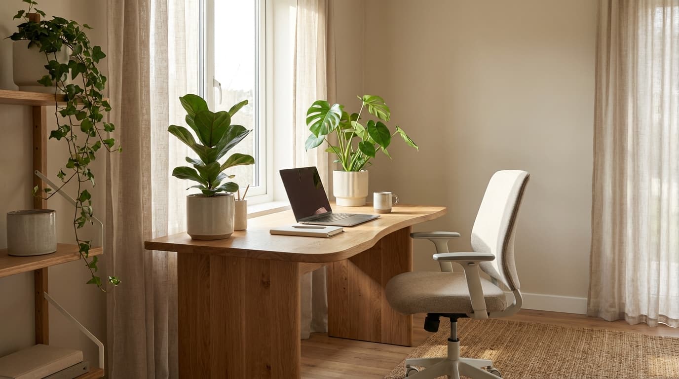 Sustainable oak home office desk with plants, eco-friendly minimalist workspace design, natural light.