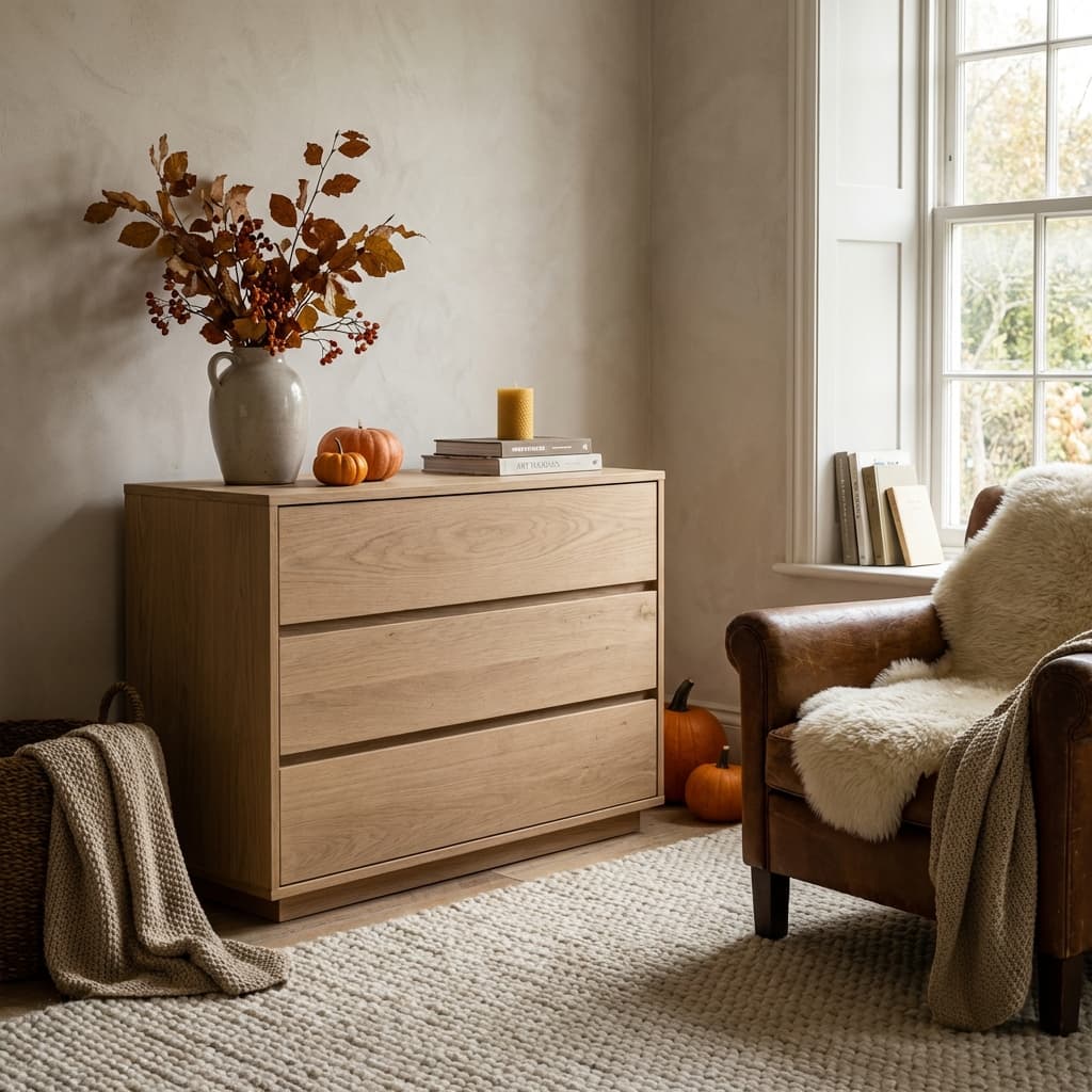 Matte finish dresser in a seasonal setting with cozy lighting for ecommerce.