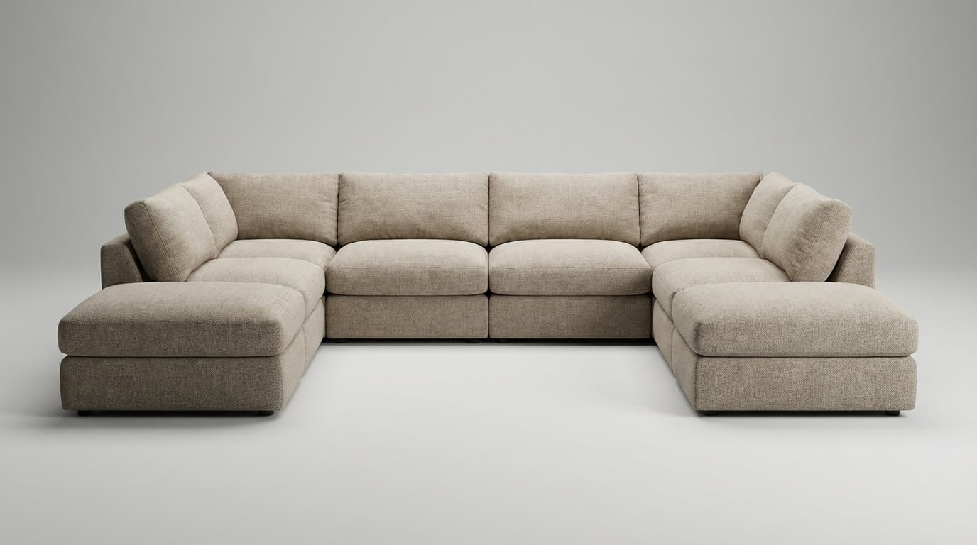 Modern modular sofa in neutral fabric, studio hero shot with soft lighting and clean background.