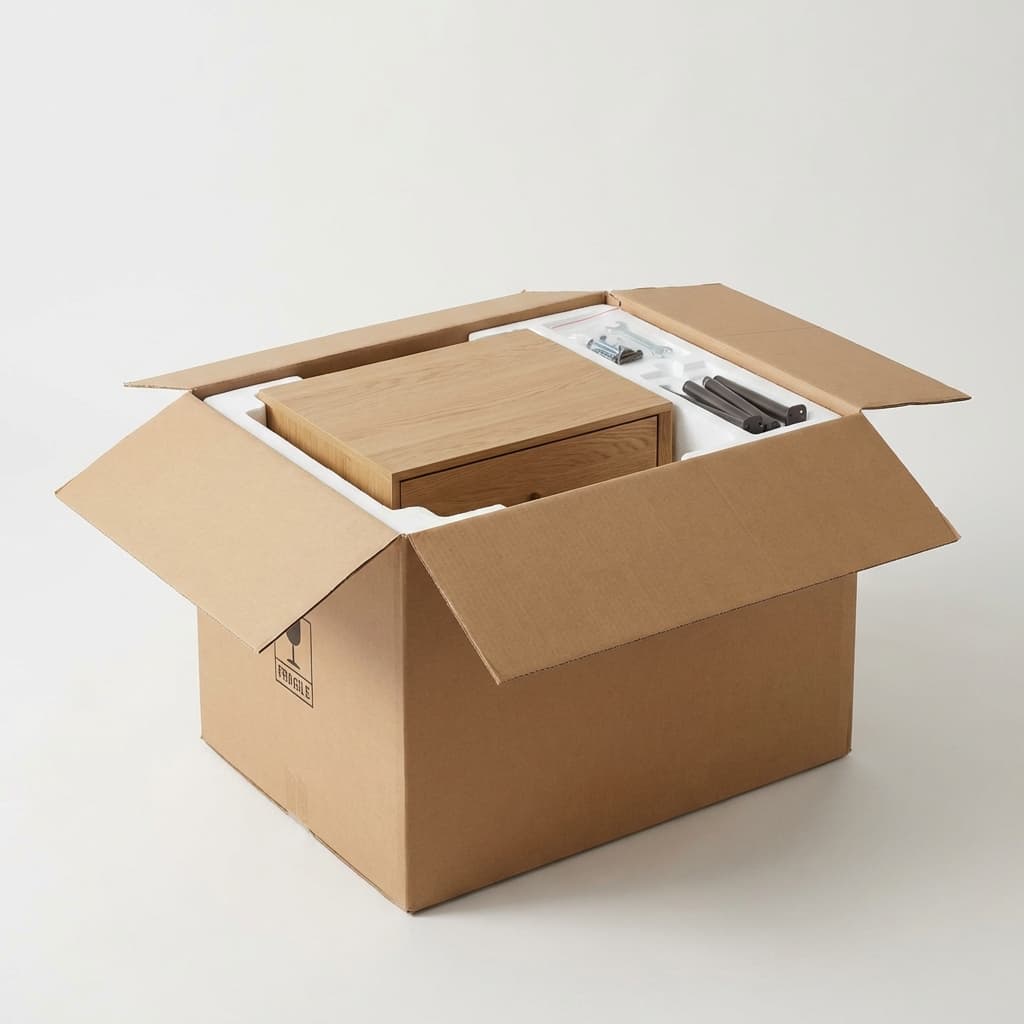 Unboxing modern nightstand with drawer, open cardboard packaging and protective foam in bright studio.
