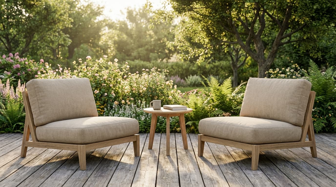 Set of two modern outdoor lounge chairs with beige cushions on a wooden deck, sunny garden background.