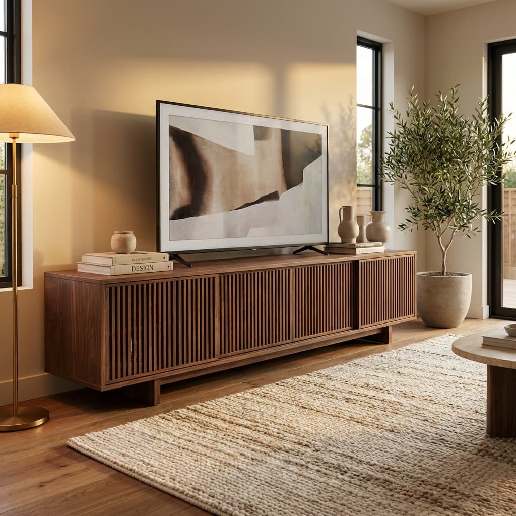 Modern wooden TV stand with sliding doors in a contemporary living room interior.