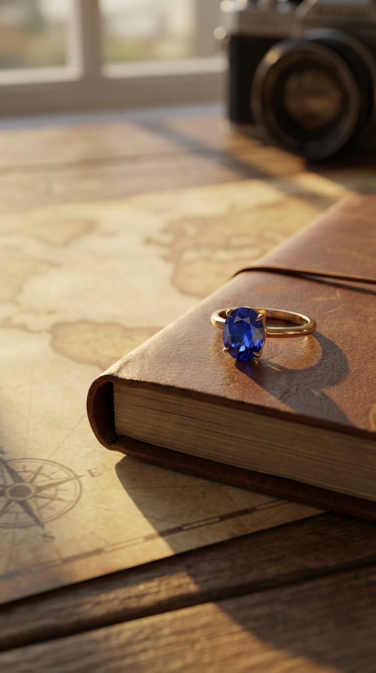 Photorealistic birthstone ring on leather journal with map, travel jewelry.