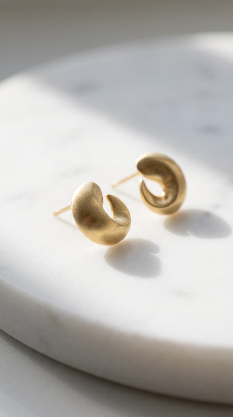 Elegant gold stud earrings on marble background, high-end editorial jewelry photography with soft lighting.