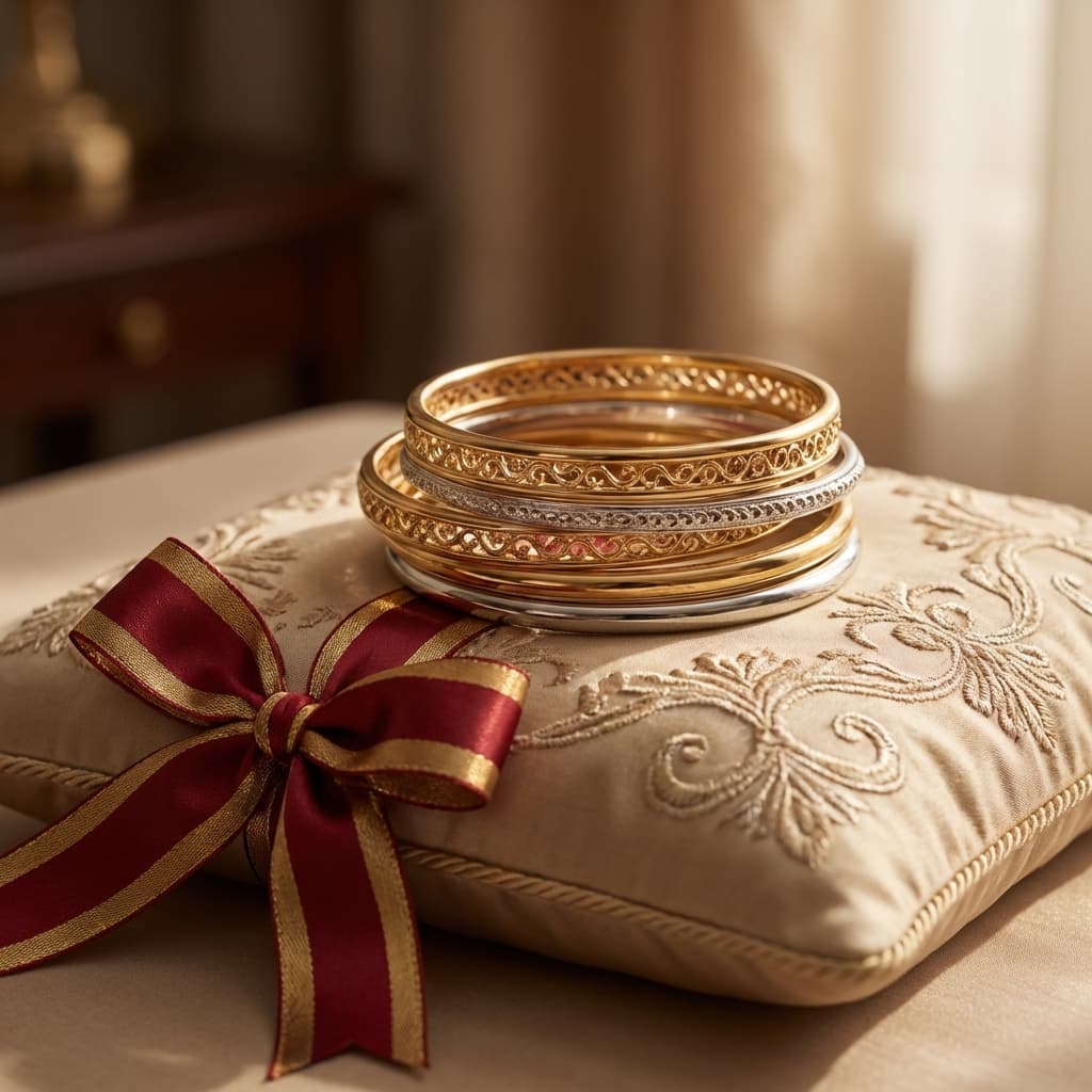 Luxury bangle bracelet stack with gift ribbon, high-quality jewelry photography.