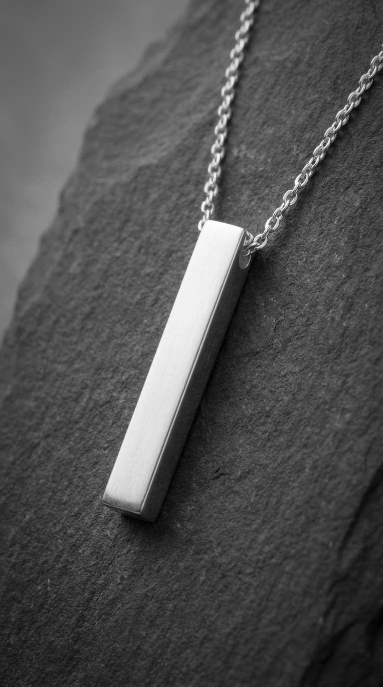 Monochrome silver bar pendant necklace listing image, professional jewelry photography.