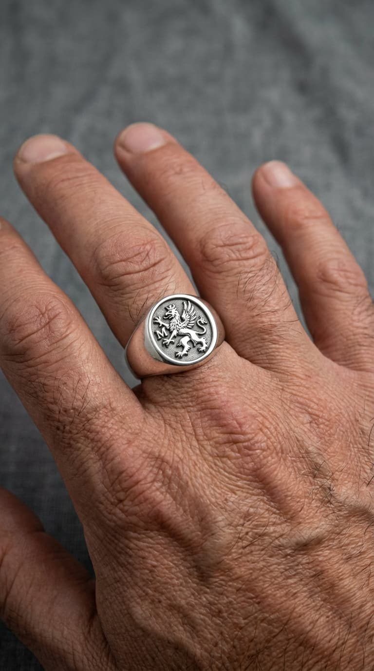 Silver signet ring on male hand, close-up jewelry ecommerce photography.