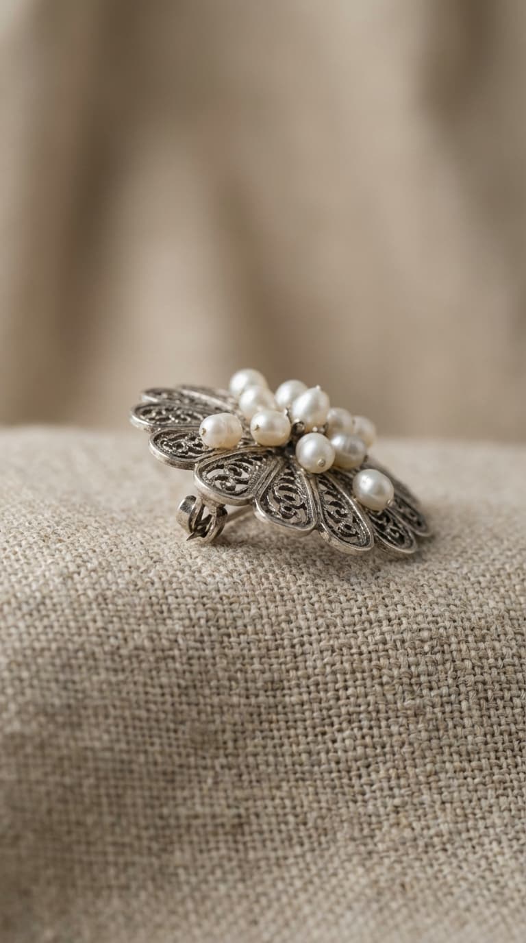Silver brooch on textured fabric background, high-quality jewelry photography.