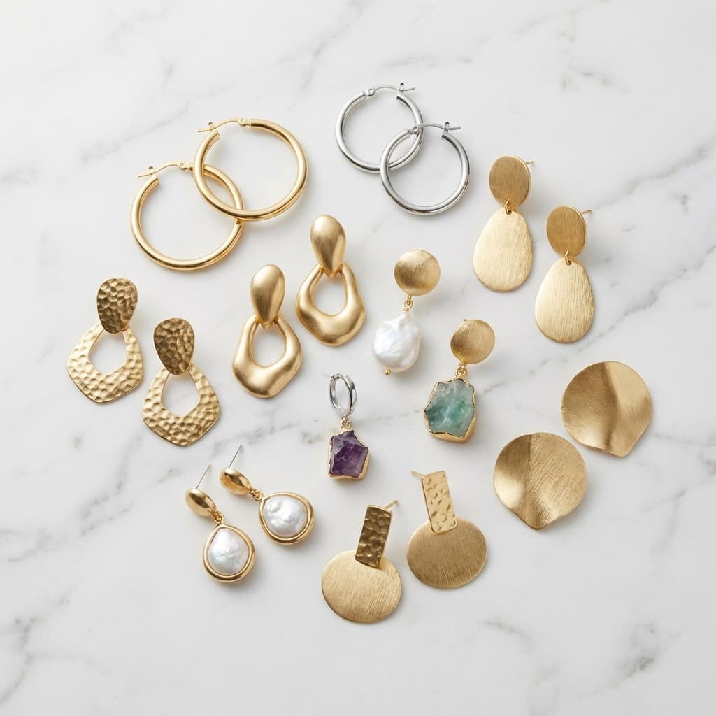 Bundle of statement earrings on neutral background, gold and silver jewelry set for ecommerce.