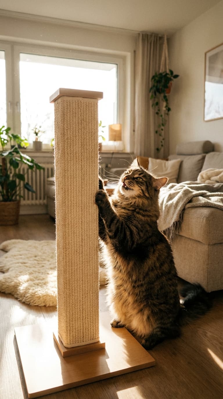 Cat scratching a modern beige post in a cozy living room.