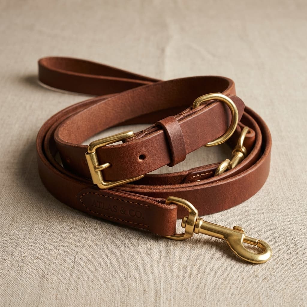 Premium leather dog leash and collar set on beige background. Professional studio product photography for ecommerce.