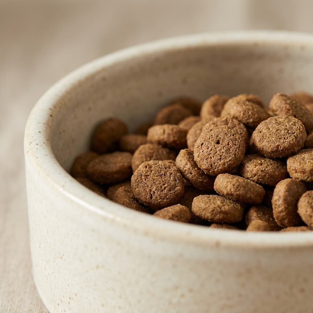 Macro close-up of a ceramic pet food bowl with kibble, high detail texture, neutral background.