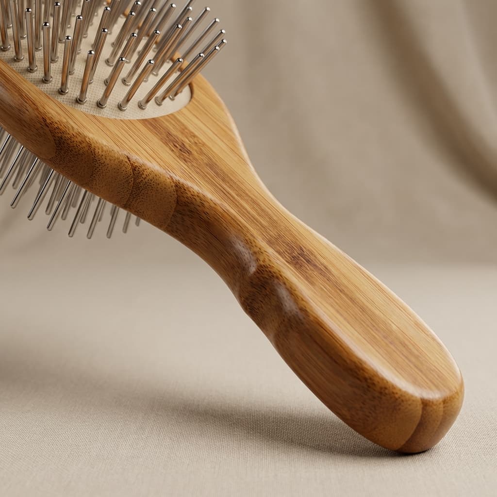 Premium bamboo pet grooming brush close-up showing wood texture and metal pins.