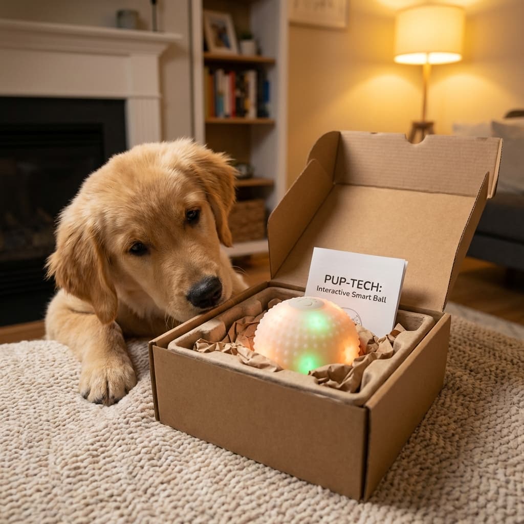 Unboxing of a smart interactive dog toy with a golden retriever puppy watching.
