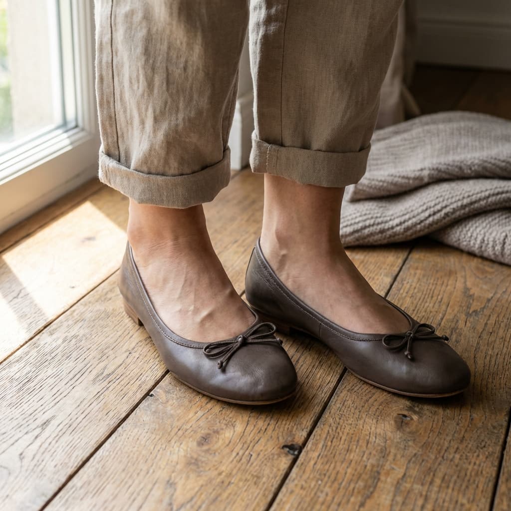 Woman wearing leather ballet flats on wooden floor, realistic lifestyle ecommerce photo.