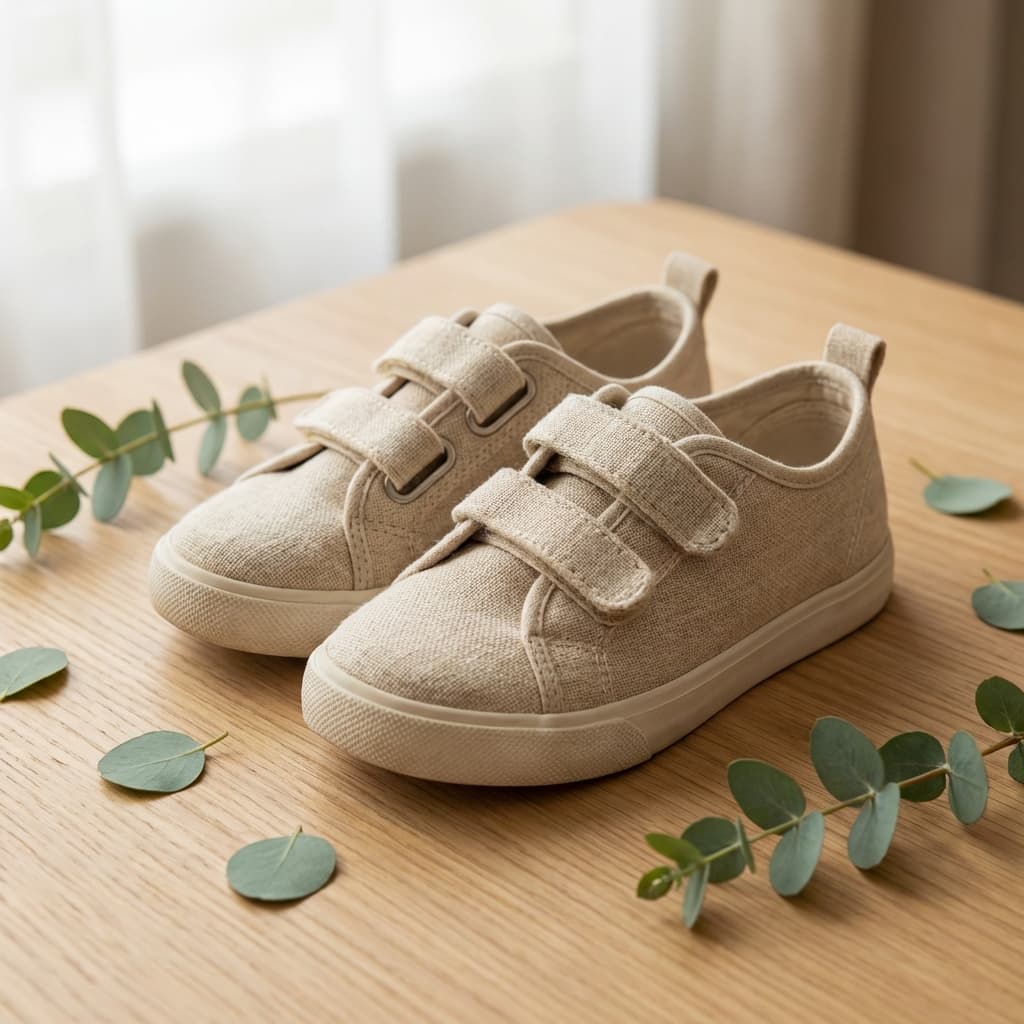 Eco-friendly beige organic cotton kids velcro sneakers on wooden table with leaves.
