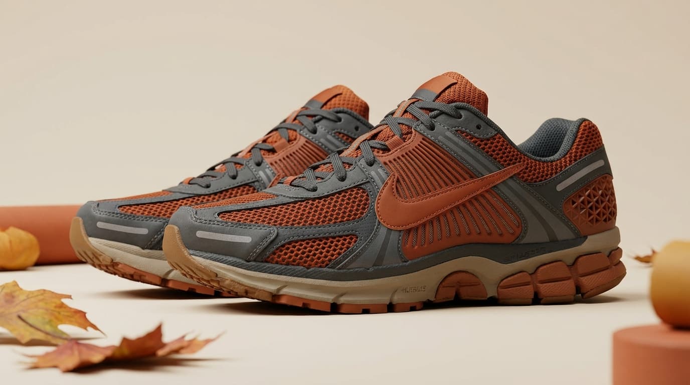 Side profile of autumn running shoes, orange and grey, soft lighting for ecommerce.