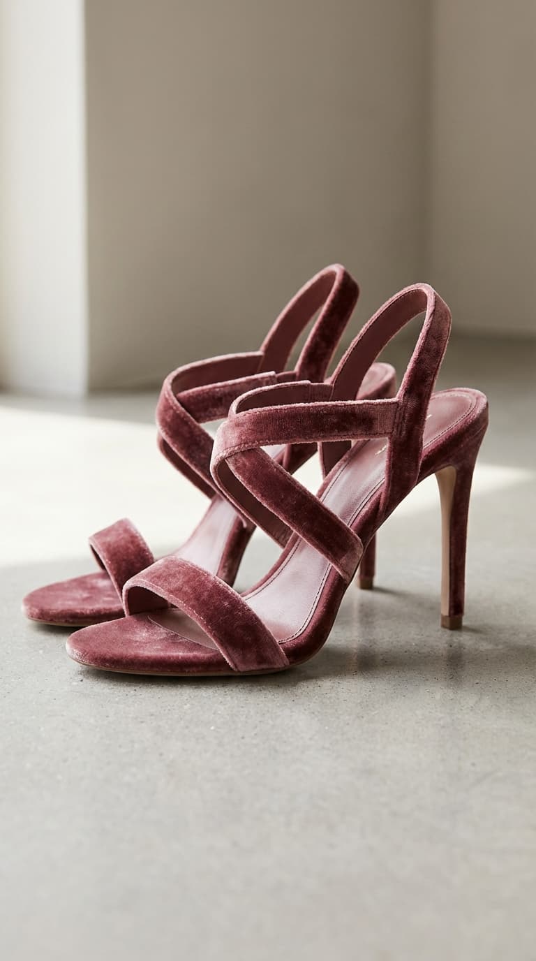 Velvet strappy heels close-up showing texture on concrete background.